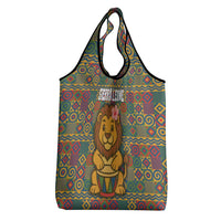 Sierra Leone Grocery Bag with Cute Lion Playing Djembe Drum and Tribal Pattern Design