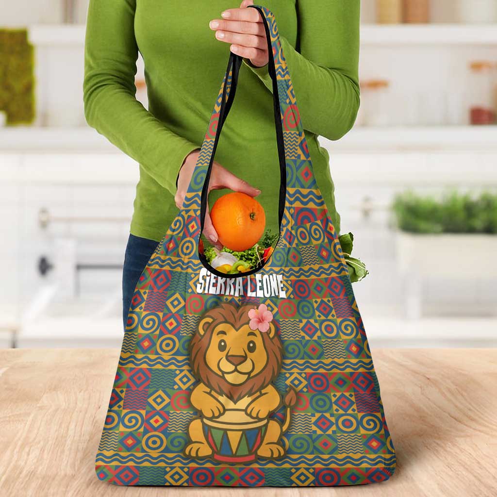 Sierra Leone Grocery Bag with Cute Lion Playing Djembe Drum and Tribal Pattern Design