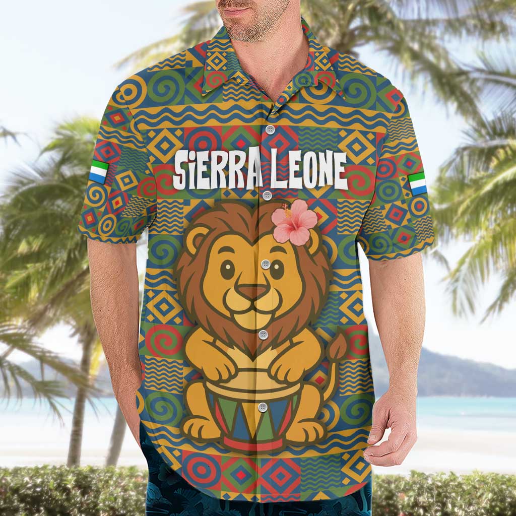 Sierra Leone Hawaiian Shirt with Cute Lion Playing Djembe Drum and Tribal Pattern Design