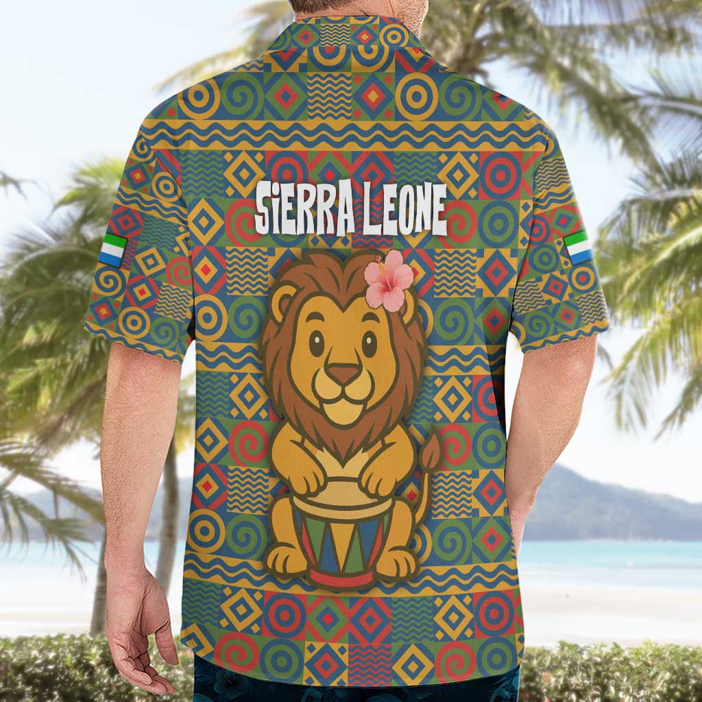 Sierra Leone Hawaiian Shirt with Cute Lion Playing Djembe Drum and Tribal Pattern Design