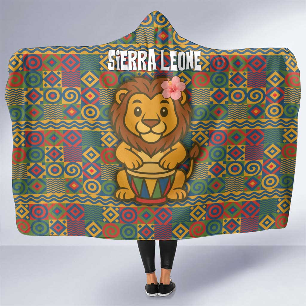 Sierra Leone Hooded Blanket with Cute Lion Playing Djembe Drum and Tribal Pattern Design