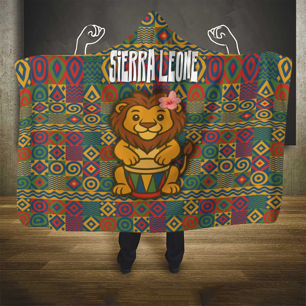 Sierra Leone Hooded Blanket with Cute Lion Playing Djembe Drum and Tribal Pattern Design