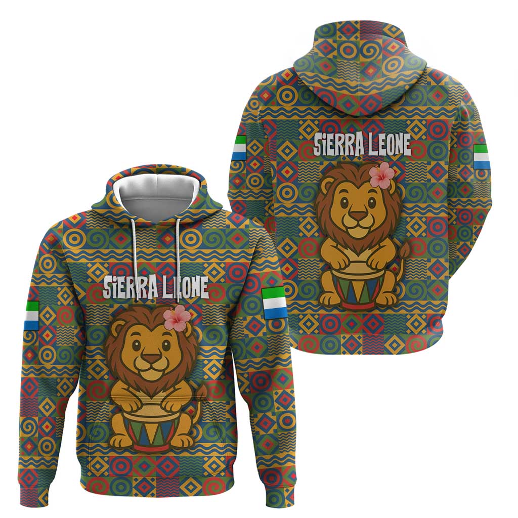 Sierra Leone Hoodie with Cute Lion Playing Djembe Drum and Tribal Pattern Design