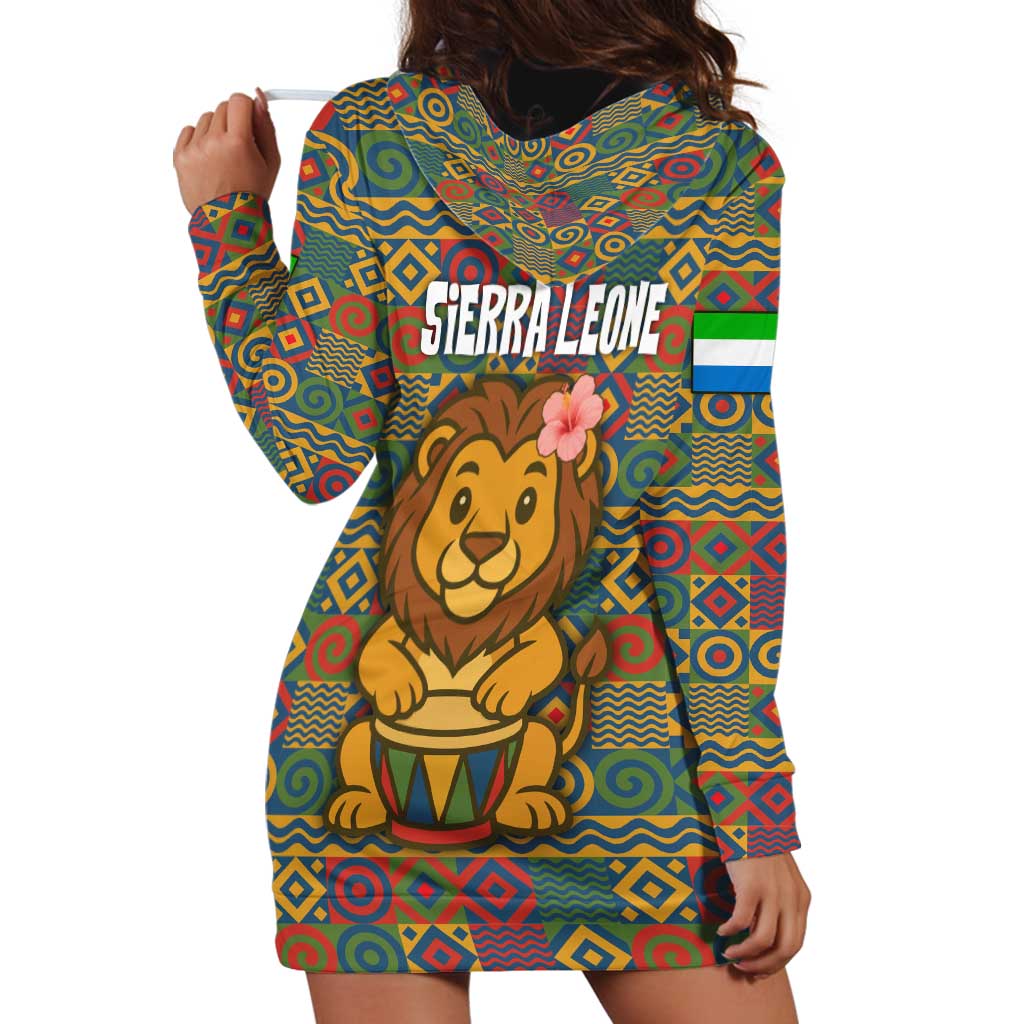 Sierra Leone Hoodie Dress with Cute Lion Playing Djembe Drum and Tribal Pattern Design
