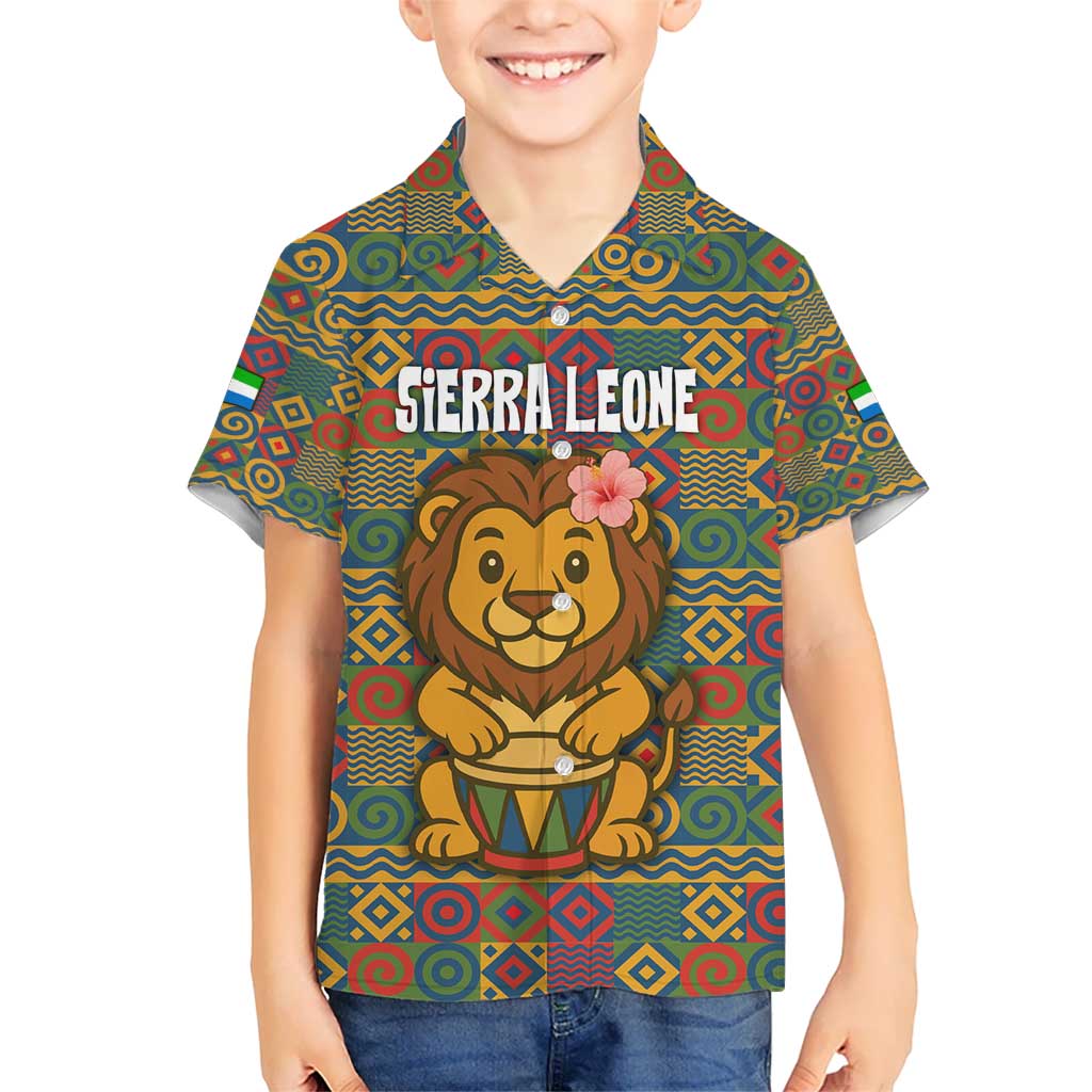 Sierra Leone Kid Hawaiian Shirt with Cute Lion Playing Djembe Drum and Tribal Pattern Design