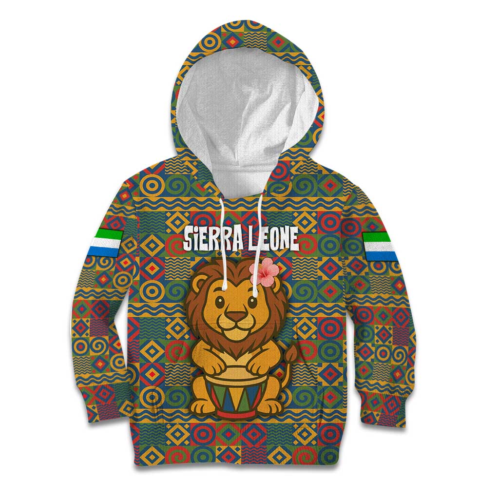 Sierra Leone Kid Hoodie with Cute Lion Playing Djembe Drum and Tribal Pattern Design