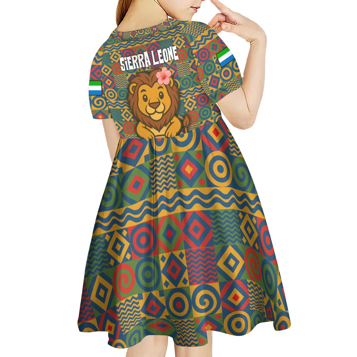 Sierra Leone Kid Short Sleeve Dress with Cute Lion Playing Djembe Drum and Tribal Pattern Design