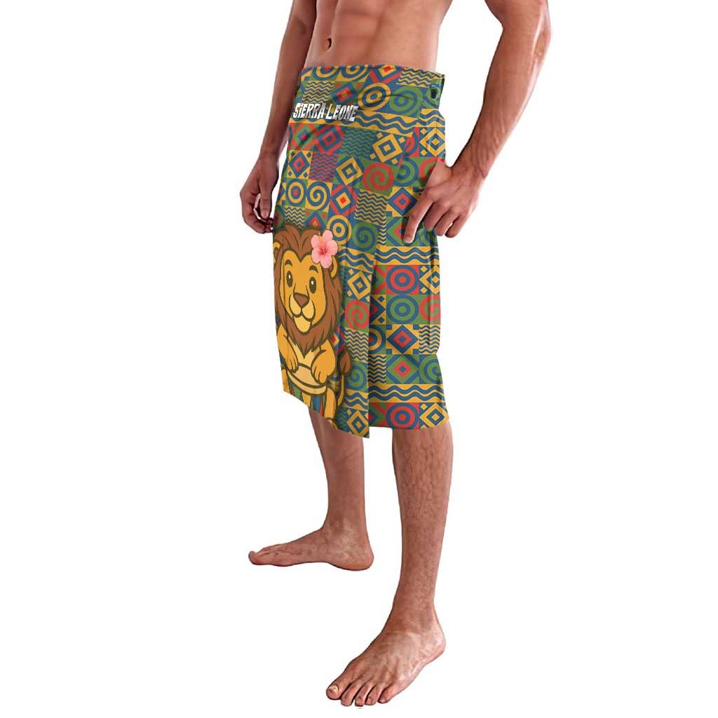 Sierra Leone Lavalava with Cute Lion Playing Djembe Drum and Tribal Pattern Design