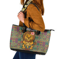 Sierra Leone Leather Tote Bag with Cute Lion Playing Djembe Drum and Tribal Pattern Design