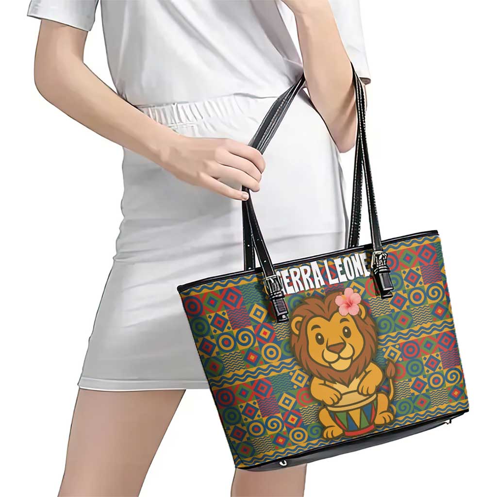 Sierra Leone Leather Tote Bag with Cute Lion Playing Djembe Drum and Tribal Pattern Design
