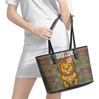 Sierra Leone Leather Tote Bag with Cute Lion Playing Djembe Drum and Tribal Pattern Design