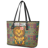 Sierra Leone Leather Tote Bag with Cute Lion Playing Djembe Drum and Tribal Pattern Design