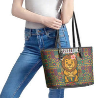Sierra Leone Leather Tote Bag with Cute Lion Playing Djembe Drum and Tribal Pattern Design