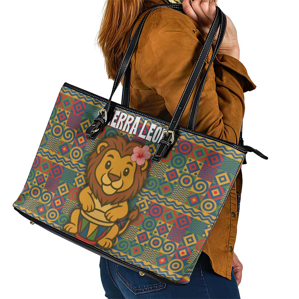 Sierra Leone Leather Tote Bag with Cute Lion Playing Djembe Drum and Tribal Pattern Design