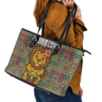 Sierra Leone Leather Tote Bag with Cute Lion Playing Djembe Drum and Tribal Pattern Design
