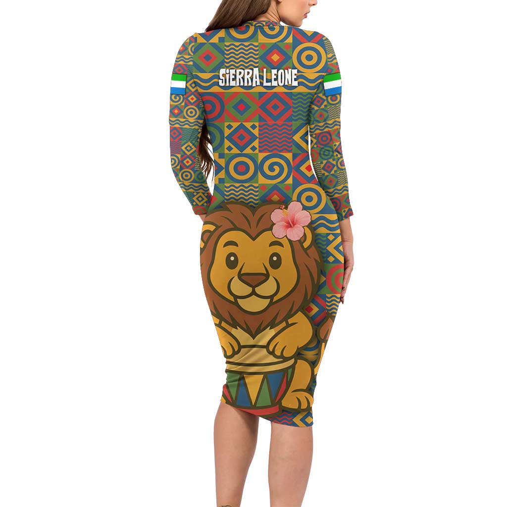 Sierra Leone Long Sleeve Bodycon Dress with Cute Lion Playing Djembe Drum and Tribal Pattern Design