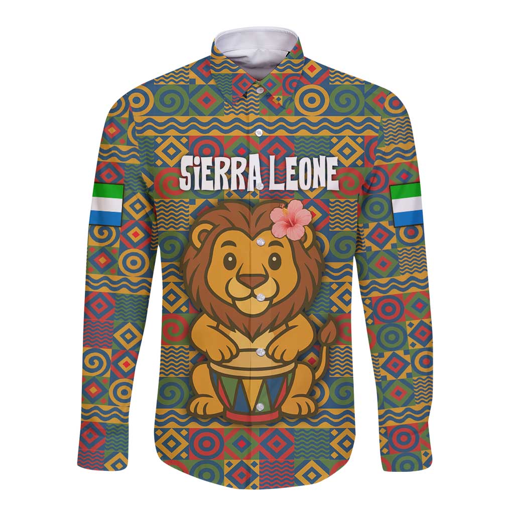 Sierra Leone Long Sleeve Button Shirt with Cute Lion Playing Djembe Drum and Tribal Pattern Design