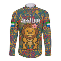 Sierra Leone Long Sleeve Button Shirt with Cute Lion Playing Djembe Drum and Tribal Pattern Design