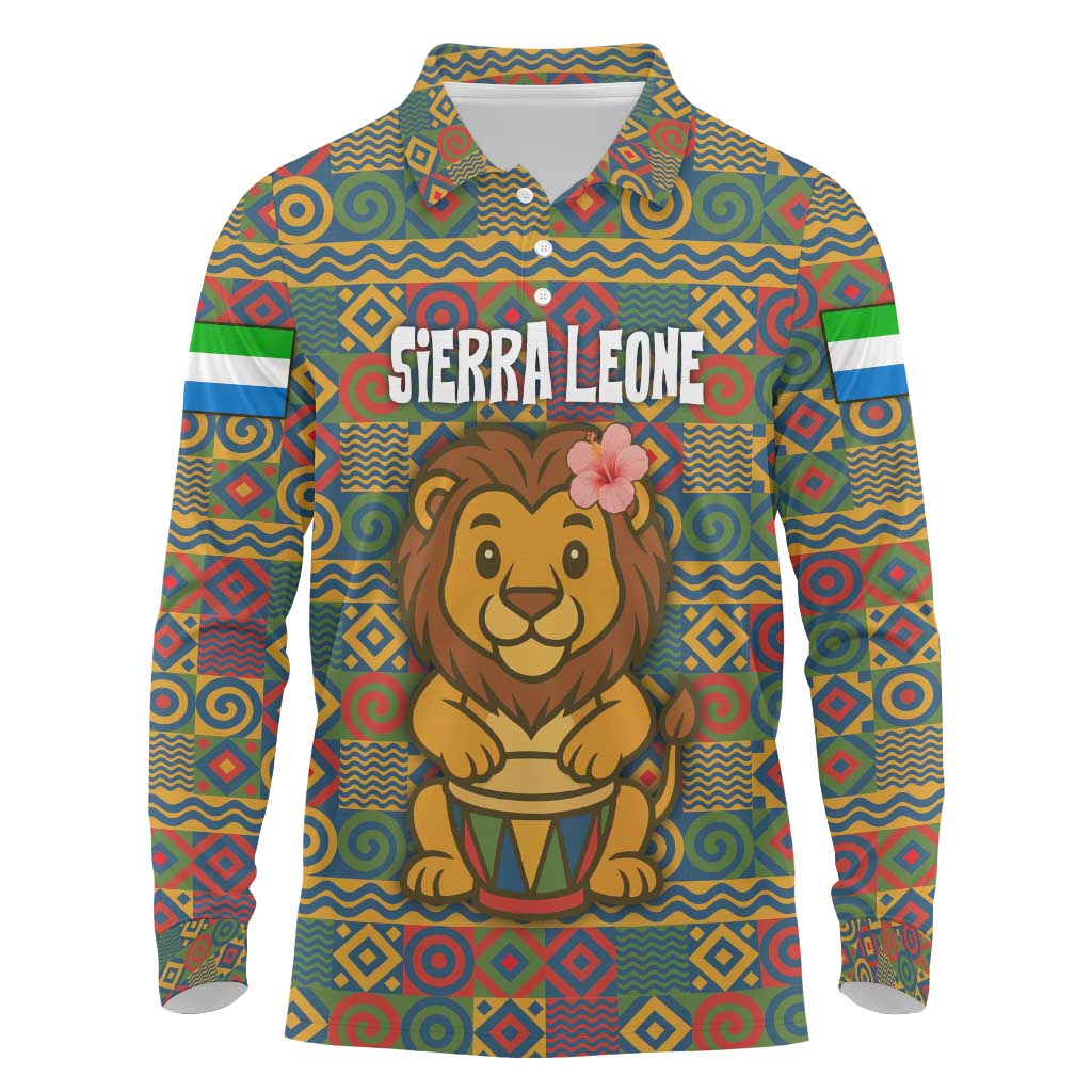 Sierra Leone Long Sleeve Polo Shirt with Cute Lion Playing Djembe Drum and Tribal Pattern Design