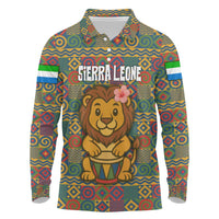 Sierra Leone Long Sleeve Polo Shirt with Cute Lion Playing Djembe Drum and Tribal Pattern Design