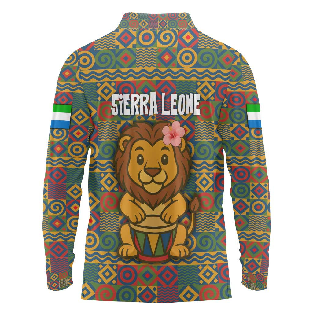 Sierra Leone Long Sleeve Polo Shirt with Cute Lion Playing Djembe Drum and Tribal Pattern Design