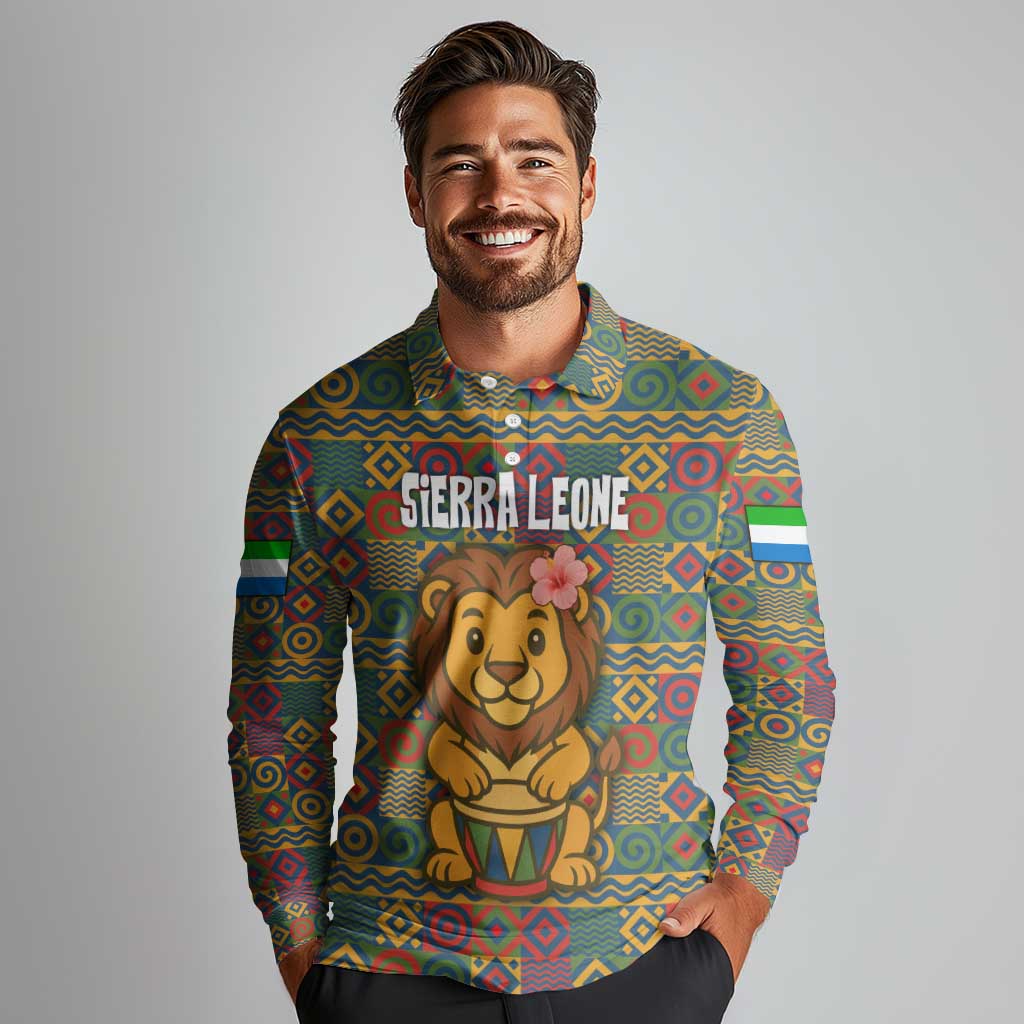 Sierra Leone Long Sleeve Polo Shirt with Cute Lion Playing Djembe Drum and Tribal Pattern Design