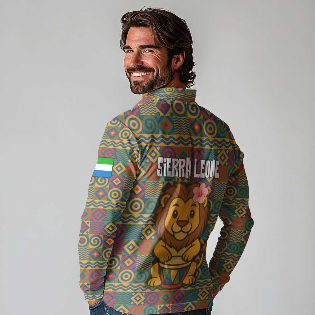Sierra Leone Long Sleeve Polo Shirt with Cute Lion Playing Djembe Drum and Tribal Pattern Design