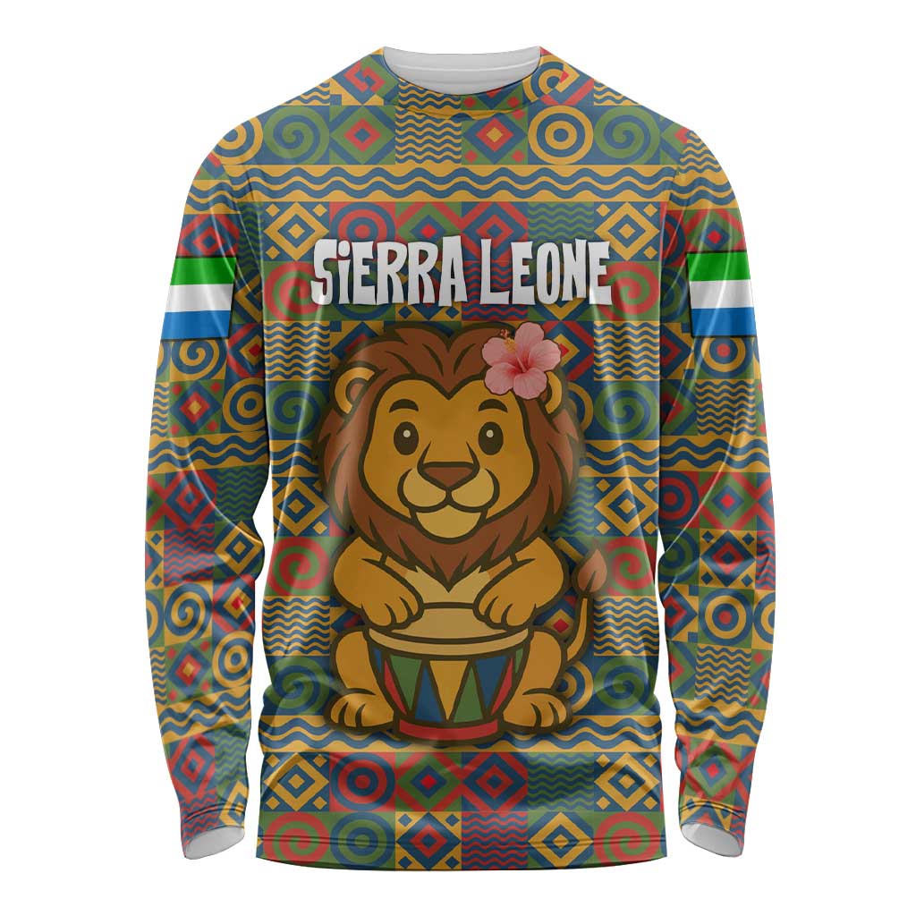 Sierra Leone Long Sleeve Shirt with Cute Lion Playing Djembe Drum and Tribal Pattern Design