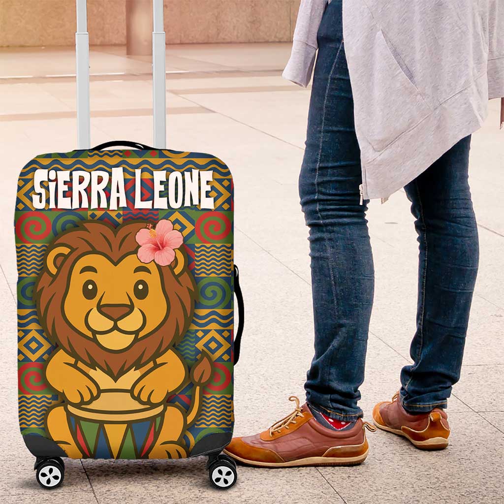 Sierra Leone Luggage Cover with Cute Lion Playing Djembe Drum and Tribal Pattern Design