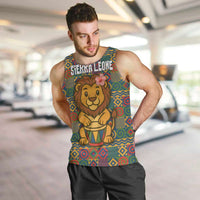 Sierra Leone Men Tank Top with Cute Lion Playing Djembe Drum and Tribal Pattern Design