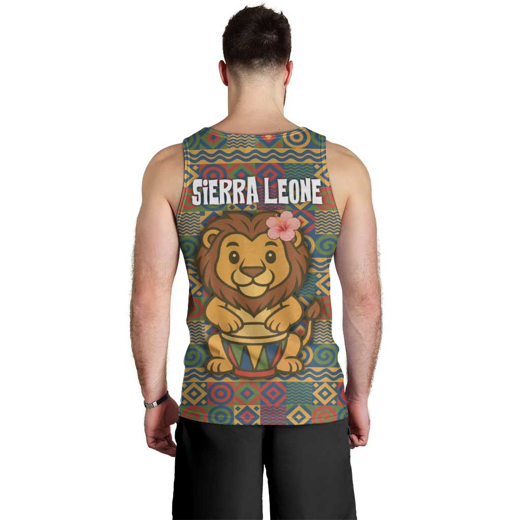 Sierra Leone Men Tank Top with Cute Lion Playing Djembe Drum and Tribal Pattern Design