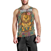 Sierra Leone Men Tank Top with Cute Lion Playing Djembe Drum and Tribal Pattern Design