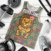 Sierra Leone Men Tank Top with Cute Lion Playing Djembe Drum and Tribal Pattern Design