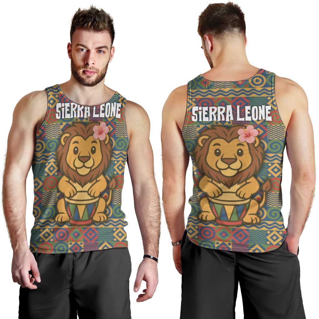 Sierra Leone Men Tank Top with Cute Lion Playing Djembe Drum and Tribal Pattern Design