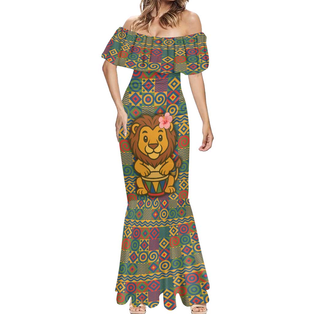 Sierra Leone Mermaid Dress with Cute Lion Playing Djembe Drum and Tribal Pattern Design