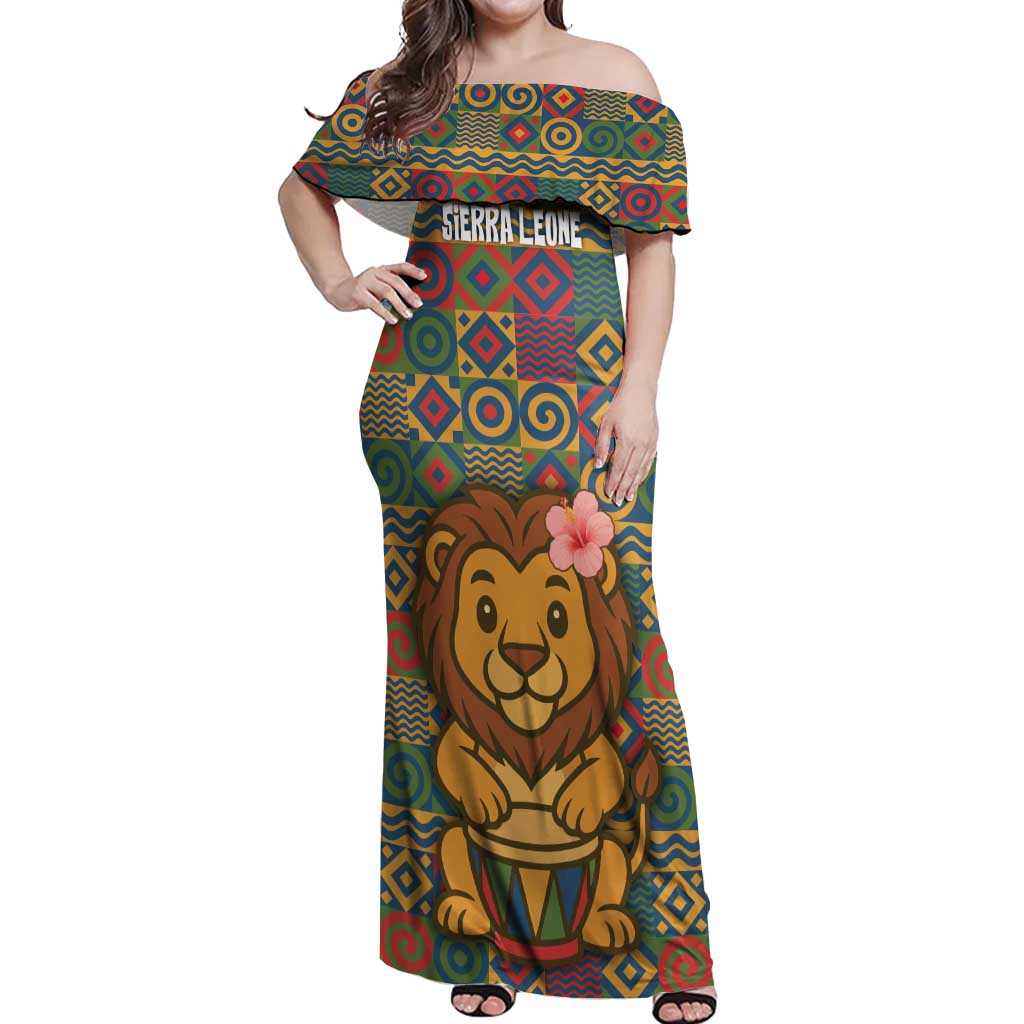Sierra Leone Off Shoulder Maxi Dress with Cute Lion Playing Djembe Drum and Tribal Pattern Design