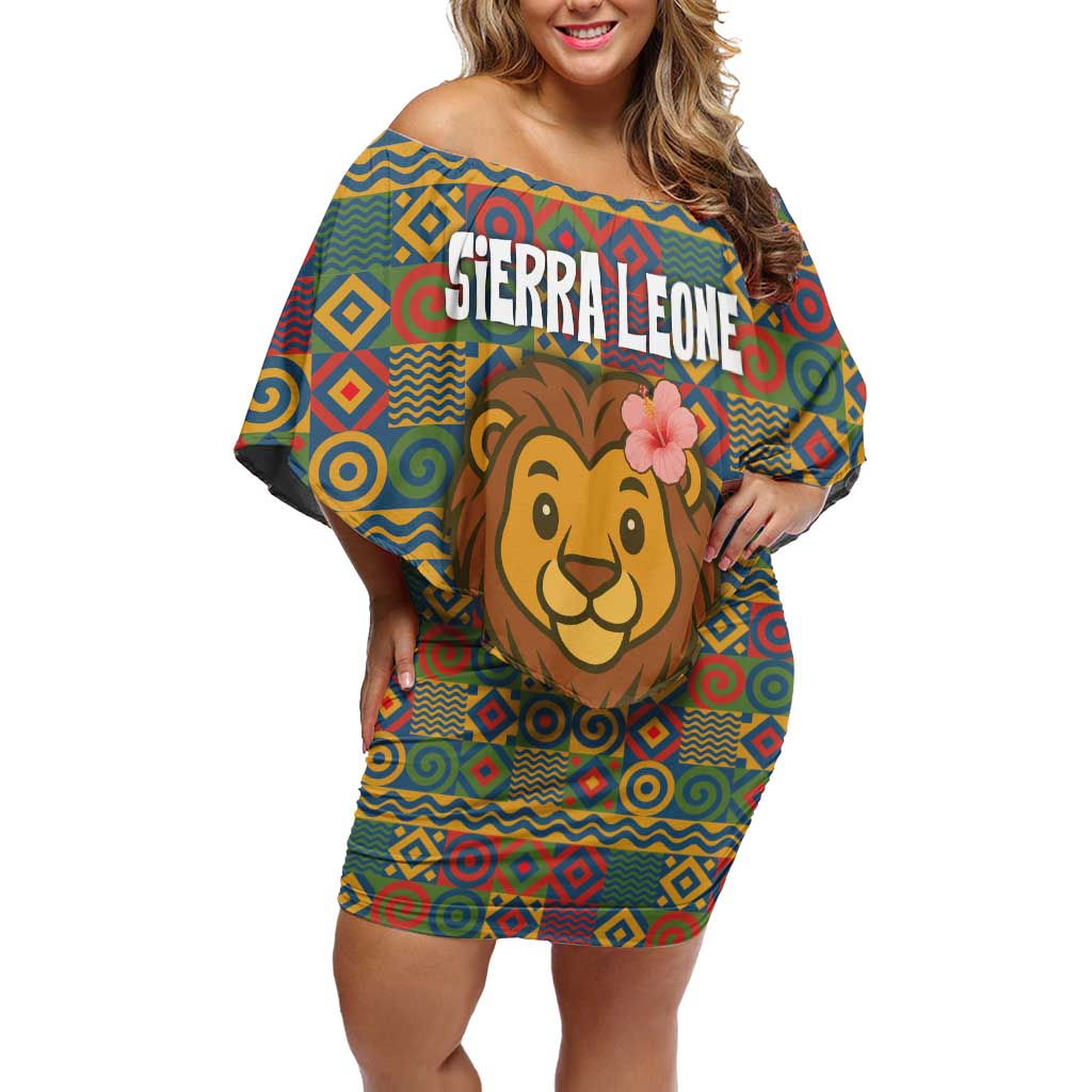 Sierra Leone Off Shoulder Short Dress with Cute Lion Playing Djembe Drum and Tribal Pattern Design