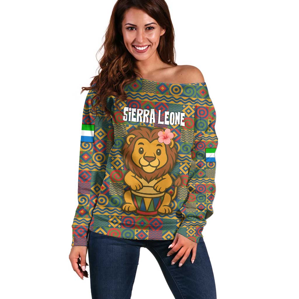Sierra Leone Off Shoulder Sweater with Cute Lion Playing Djembe Drum and Tribal Pattern Design