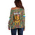 Sierra Leone Off Shoulder Sweater with Cute Lion Playing Djembe Drum and Tribal Pattern Design