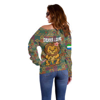 Sierra Leone Off Shoulder Sweater with Cute Lion Playing Djembe Drum and Tribal Pattern Design