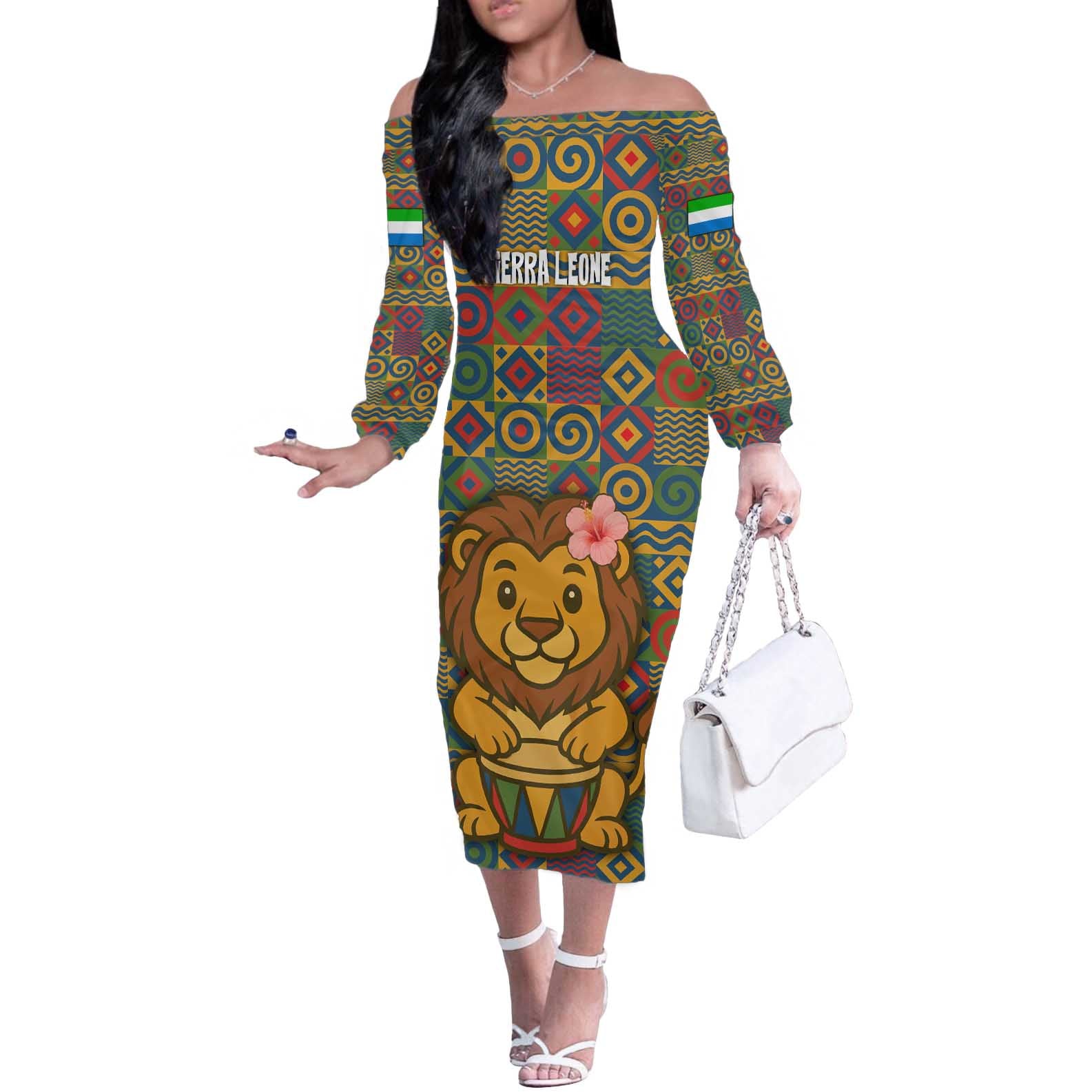 Sierra Leone Off The Shoulder Long Sleeve Dress with Cute Lion Playing Djembe Drum and Tribal Pattern Design
