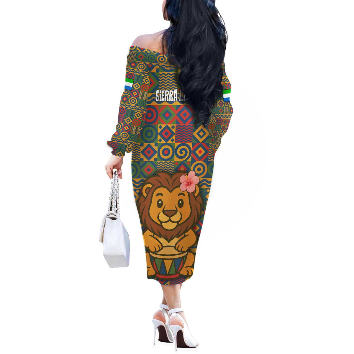 Sierra Leone Off The Shoulder Long Sleeve Dress with Cute Lion Playing Djembe Drum and Tribal Pattern Design