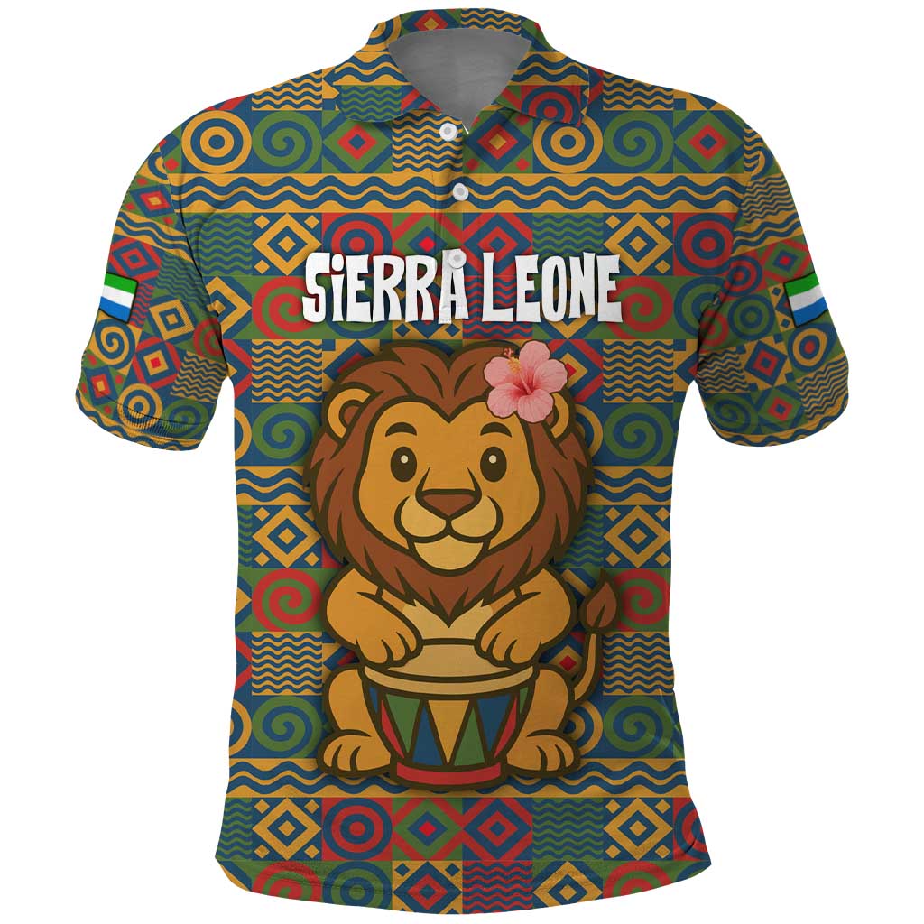 Sierra Leone Polo Shirt with Cute Lion Playing Djembe Drum and Tribal Pattern Design