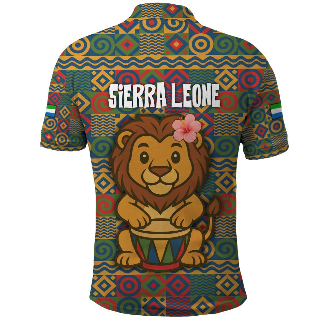 Sierra Leone Polo Shirt with Cute Lion Playing Djembe Drum and Tribal Pattern Design
