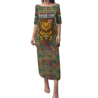Sierra Leone Puletasi with Cute Lion Playing Djembe Drum and Tribal Pattern Design