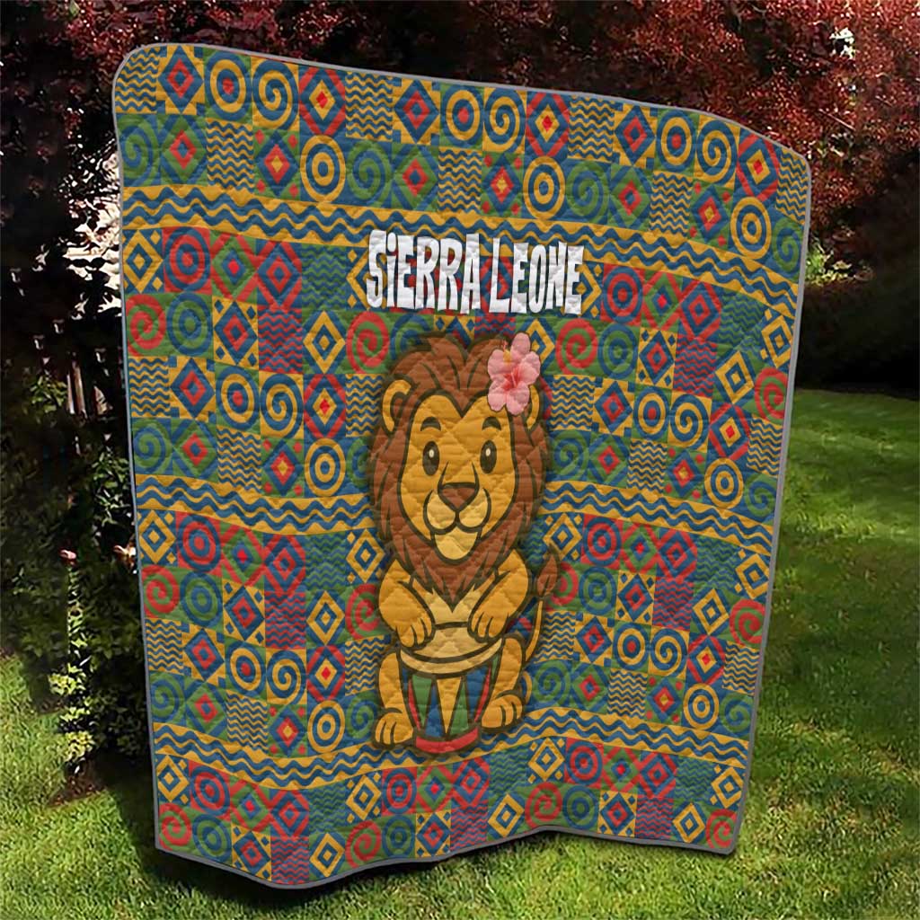 Sierra Leone Quilt with Cute Lion Playing Djembe Drum and Tribal Pattern Design