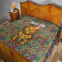Sierra Leone Quilt with Cute Lion Playing Djembe Drum and Tribal Pattern Design