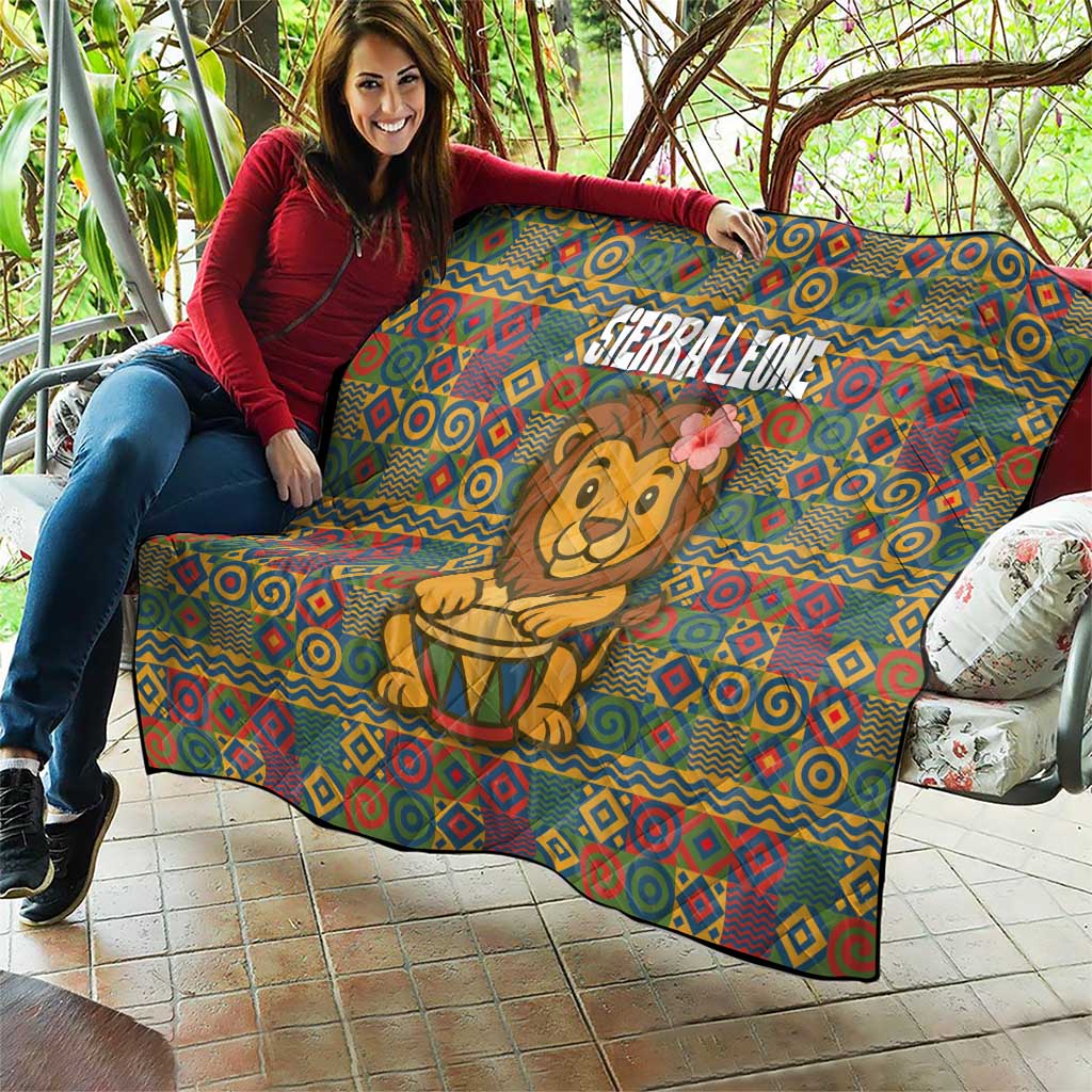 Sierra Leone Quilt with Cute Lion Playing Djembe Drum and Tribal Pattern Design