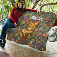 Sierra Leone Quilt with Cute Lion Playing Djembe Drum and Tribal Pattern Design