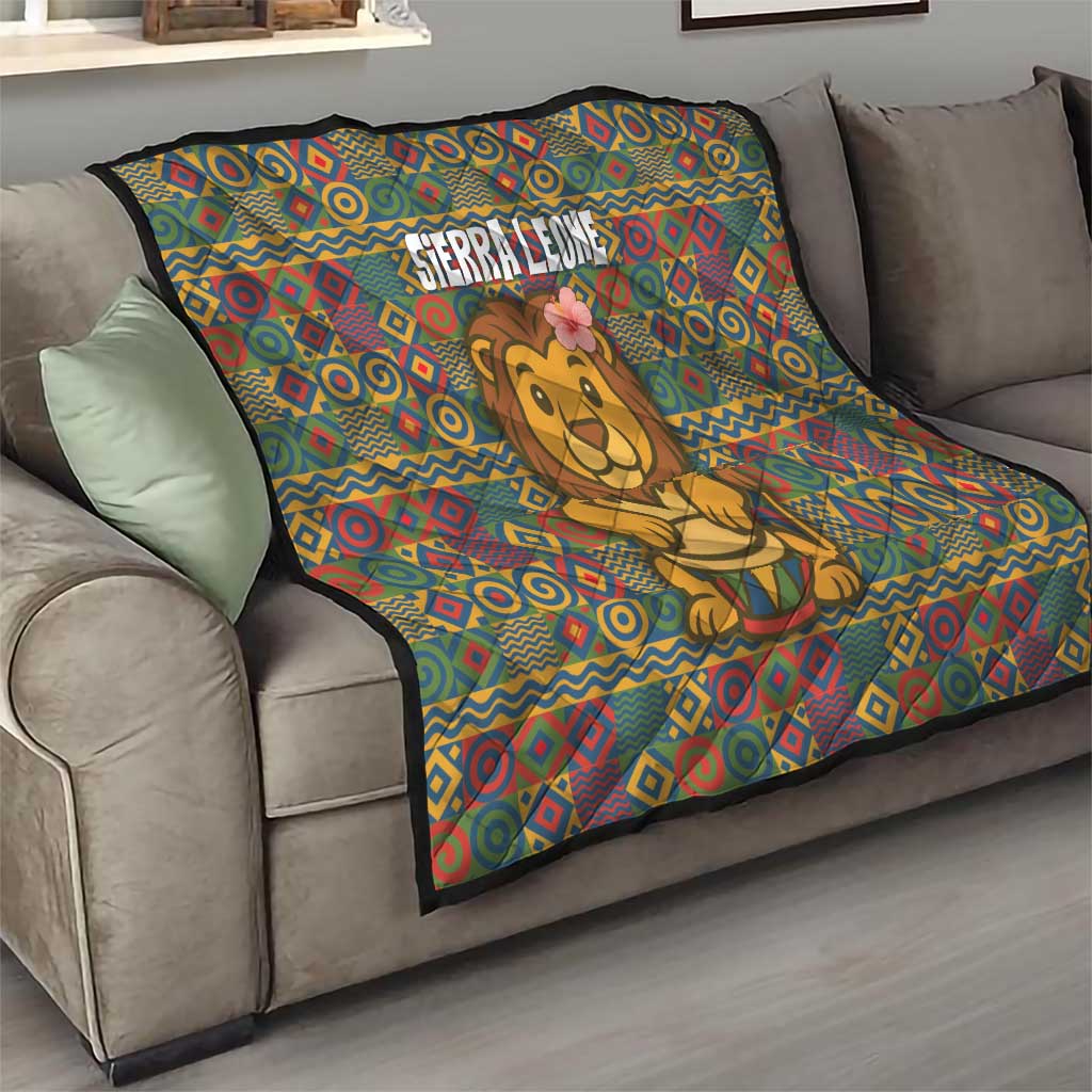 Sierra Leone Quilt with Cute Lion Playing Djembe Drum and Tribal Pattern Design